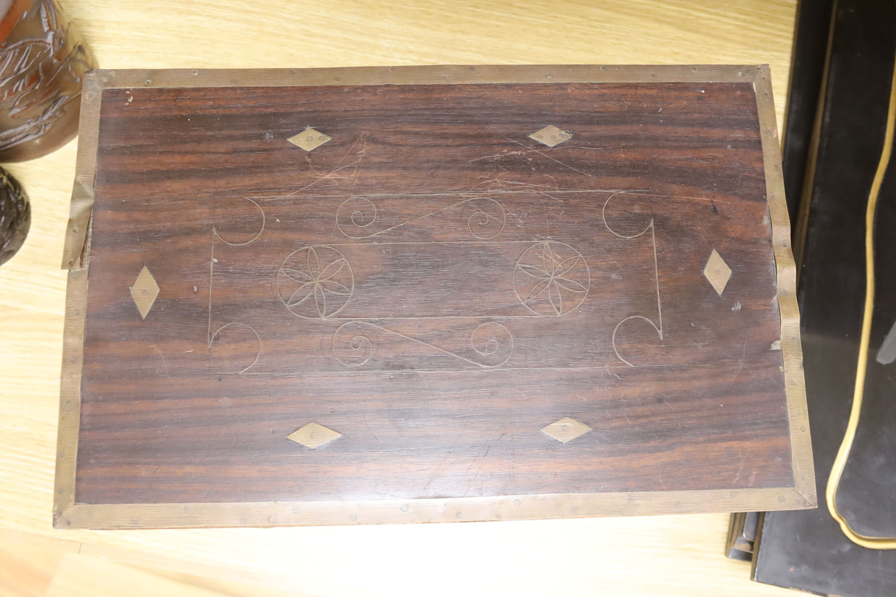 A colonial brass inlaid hardwood chest, length 42cm